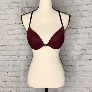 PINK Victoria’s Secret Wine and Black Push Up Pigeonnant Front Closure Bra 34C